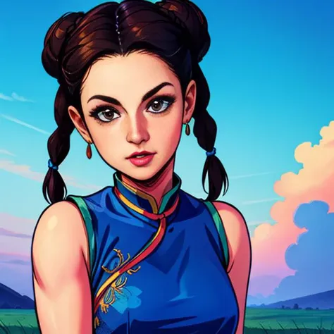 PaiChan, twin braids with blue ribbons, brown eyes, double bun,black hair, solo , 
PaiAti,blue Chinese clothes, red sash, pants, sleeveless,
blue sky, cloudy, dusk, grassland,
(insanely detailed, beautiful detailed face, masterpiece, best quality)   <lora:PaiChan:0.7>