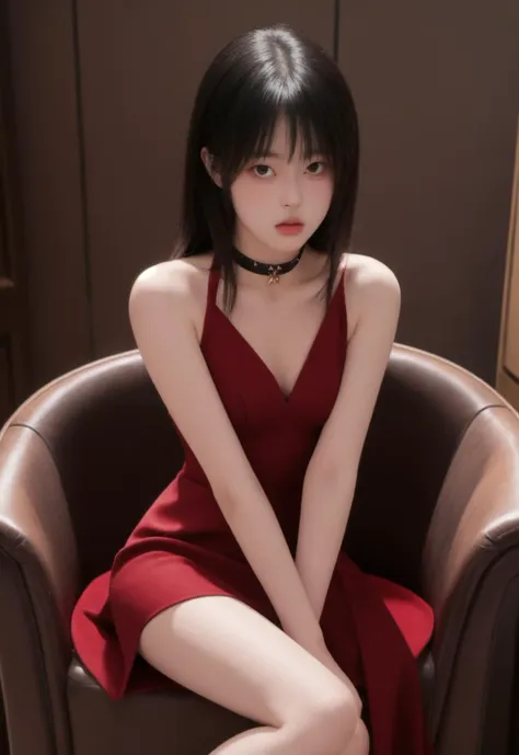 masterpiece, high quality,1girl, cowboy shot,, evening gown, choker,, thin,knee, thigh strap, flat chest,  sitting, hall, chair, shiny skin, skin tight,  
<lora:ip-adapter-faceid-plusv2_sd15_lora:0.63>   <lora:nolovecat_v1:0.5>