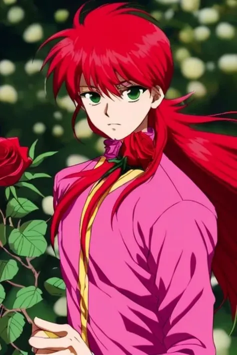 1boy,<lora:zangma-09:0.8>,long hair,red hair,green eyes,Pink Martial Arts Costume,rose,