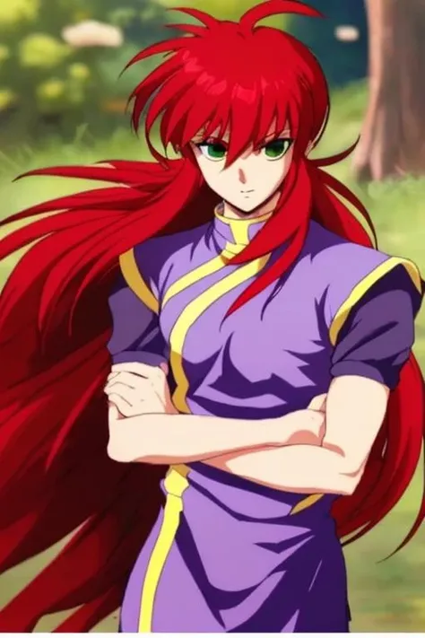 1boy,<lora:zangma-09:0.8>,long hair,red hair,green eyes, Purple Martial Clothes