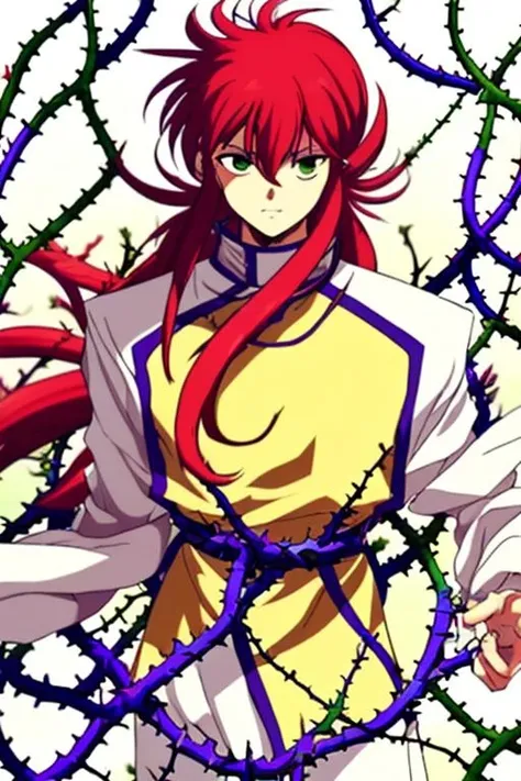 1boy,<lora:zangma-09:0.9>,long hair,red hair,Yellow martial arts uniform with white sleeves,green eyes,Holding a vine in hand