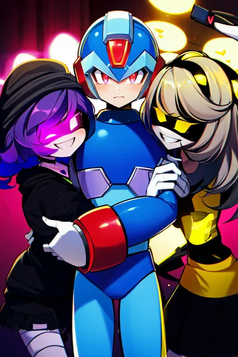 masterpiece, best quality, highres, ultra-detailed, glowing eyes, double arm hug, love triangle ADDCOMM
1girl, (uzi:1.4), smile, beanie, black headwear, purple hair, black hoodie, choker, purple eyes, heart ADDCOL
1boy, (x_megamanx:1.4), x \(mega man\), male focus, helmet, android, blue armor, arm cannon, embarrassed ADDCOL
1girl, (vdrone:1.4), smile, yellow eyes, black skirt, heart