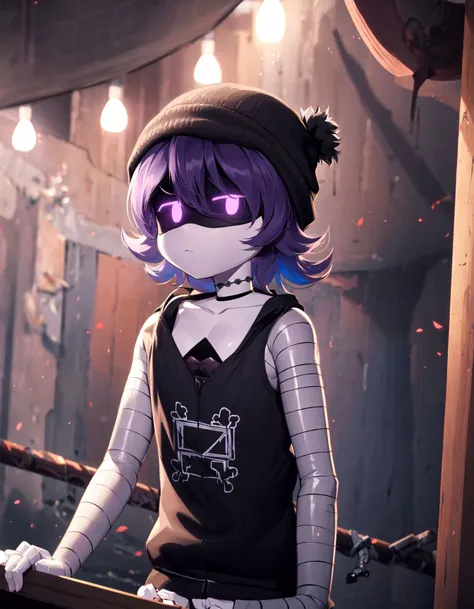 high resolution,masterpiece,uzi,black tank top,solo,black choker,necklace,beanie hat,closed mouth,<lora:uzi:1>,facing viewer,cowboy shot,forest,dynamic lighting,embellishments,shiny skin,