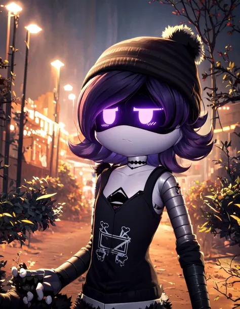 high resolution,masterpiece,uzi,black tank top,solo,black choker,necklace,beanie hat,closed mouth,<lora:uzi:1>,facing viewer,cowboy shot,forest,dynamic lighting,embellishments,shiny skin,