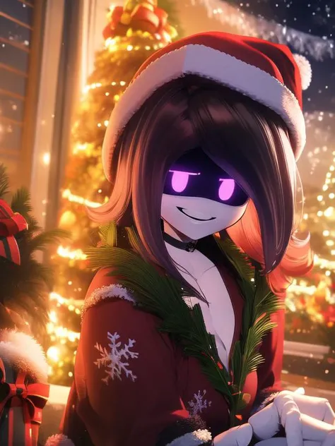 (sfw),(masterpiece,best quality,absurdres:1.2),cinematic lighting, backlighting,
looking_at_viewer, close-up,    
3DMM,
uzi, glowing eyes, smile,
black choker, (santa_costume:1.2), santa_hat, red_hat,white fur_trim, purple_hair,  
indoors, luminescence,christmas_tree in background, christmas_lights, christmas_ornaments, christmas, christmas_present,