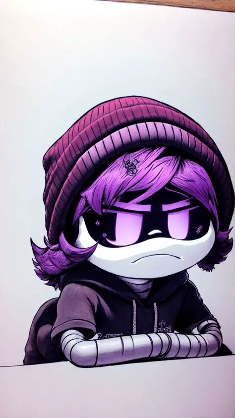 portrait, upper body, solo, drawing, Uzi, beanie hat, hoodie, drawing, purple eyes, soft colors, sitting, <lora:uzi_freedom>