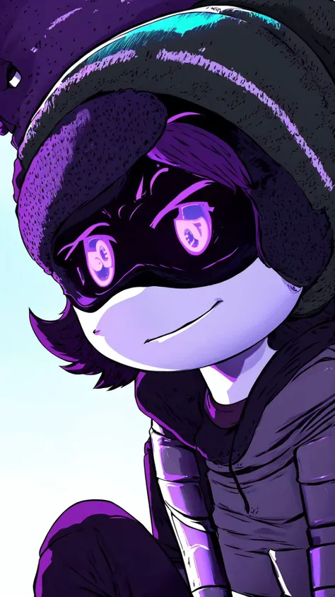 portrait,upper body,solo,drawing,Uzi,beanie hat,hoodie,drawing,purple eyes,soft colors,sitting,<lora:uzi_freedom>,shiny,glossy,forest background,