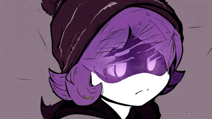 portrait, upper body, solo, drawing, Uzi, beanie hat, hoodie, drawing, purple eyes, soft colors, sitting, <lora:uzi_freedom>