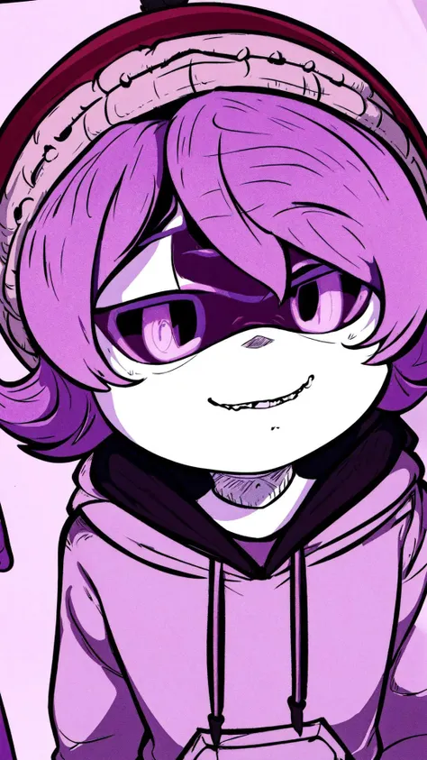 portrait,upper body,solo,drawing,Uzi,beanie hat,hoodie,drawing,purple eyes,soft colors,sitting,<lora:uzi_freedom>,shiny,glossy,forest background,