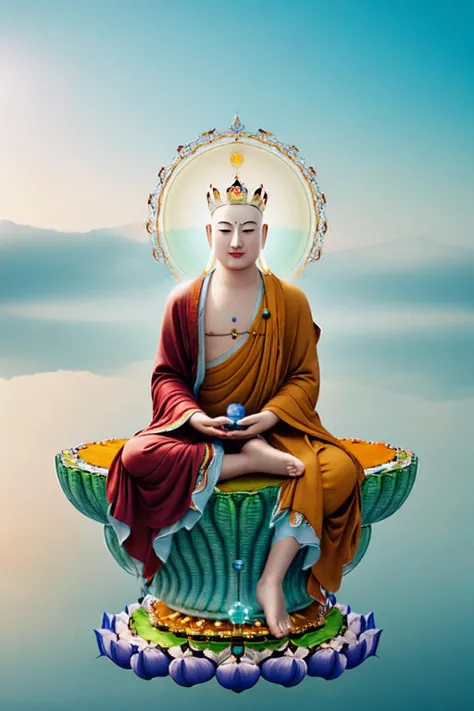 Ksitigarbha Bodhisattva,digital painting of a monk sitting on lotus flower,holding staff,glowing beads in his hand, halo around his neck,crown, mist,cloud, lotus pond <lyco:Ksitigarbha:0.7>
