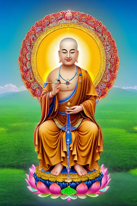 Ksitigarbha Bodhisattva,digital painting of a monk sitting on lotus flower,holding staff,glowing beads in his hand, halo around his neck,crown, mist,cloud, lotus pond <lyco:Ksitigarbha:0.7>