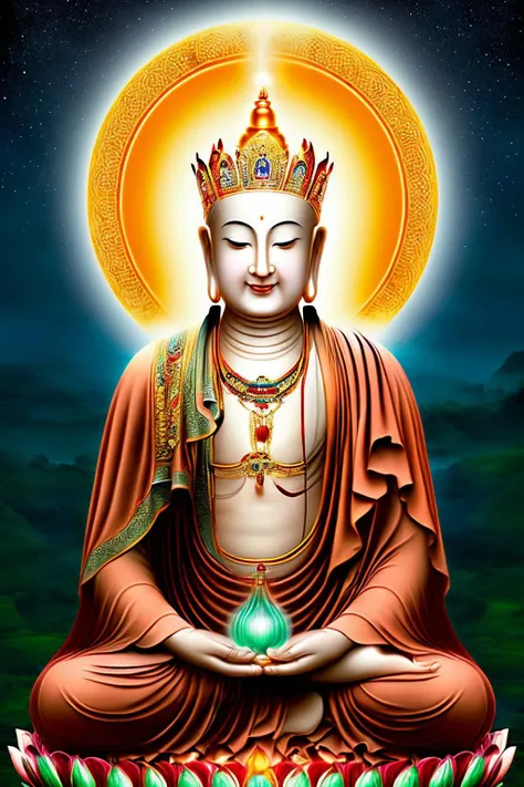 Ksitigarbha Bodhisattva,digital painting of a monk sitting on lotus flower,holding staff,glowing beads in his hand, halo around his neck,crown, mist,cloud, lotus pond <lyco:Ksitigarbha:0.7>