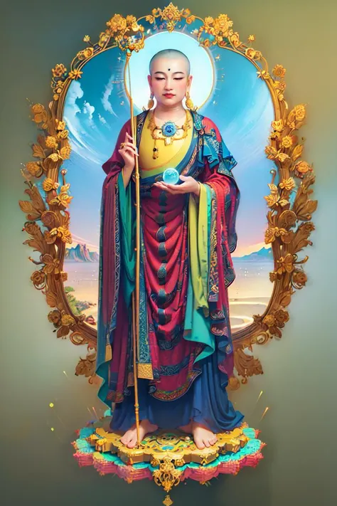 official art, unity 8k wallpaper, ultra detailed, beautiful and aesthetic, beautiful, masterpiece, best quality, (zentangle, mandala, tangle, entangle), Ksitigarbha Bodhisattva, a buddha wearing robe with a staff and a glowing beads in his hand and standing on a lotus flower, halo around his neck
<lyco:Ksitigarbha:0.85> <lora:detailmaker:1> <lyco:GoodHands-beta2:1.0>