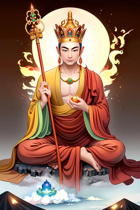 Ksitigarbha Bodhisattva,digital painting of a monk,lotus flower,qilin dragon,holding staff,glowing beads in his hand, halo around his neck,crown, mist,fire, volcano, hell<lyco:Ksitigarbha:0.7>