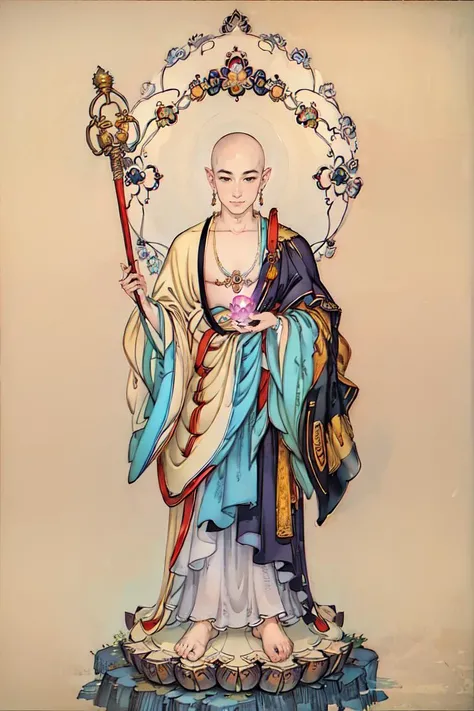 official art, unity 8k wallpaper, ultra detailed, beautiful and aesthetic, beautiful, masterpiece, best quality, (zentangle, mandala, tangle, entangle), Ksitigarbha Bodhisattva,(bald:1.3), robe,lotus flower,(holding staff:1.2),(glowing beads in his hand:1.2), halo around his neck,crown on top of it, a monk standing on lotus flower,
<lyco:Ksitigarbha:0.85> <lora:detailmaker:1>