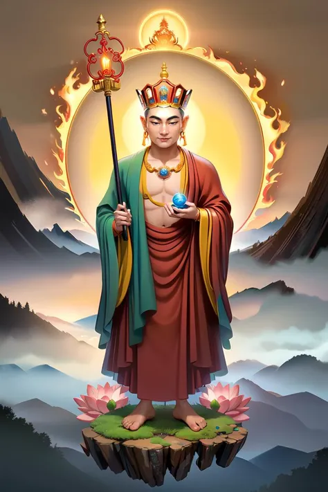 Ksitigarbha Bodhisattva,digital painting of a monk,lotus flower,qilin dragon,holding staff,glowing beads in his hand, halo around his neck,crown, mist,fire, volcano, hell<lyco:Ksitigarbha:0.7>