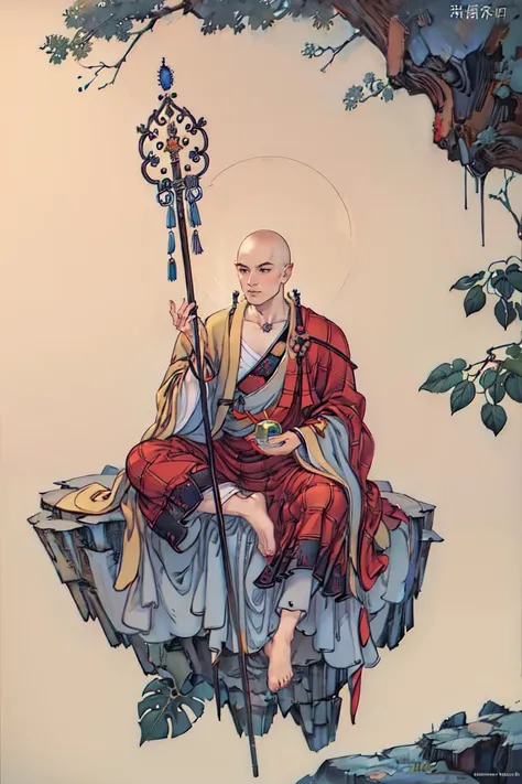 official art, unity 8k wallpaper, ultra detailed, beautiful and aesthetic, beautiful, masterpiece, best quality, (zentangle, mandala, tangle, entangle), Ksitigarbha Bodhisattva,(bald:1.3), robe,lotus flower,(holding staff:1.2),(glowing beads in his hand:1.2), halo around his neck,crown on top of it, a monk sitting on rock,
<lyco:Ksitigarbha:0.85>  <lora:detailmaker:1>