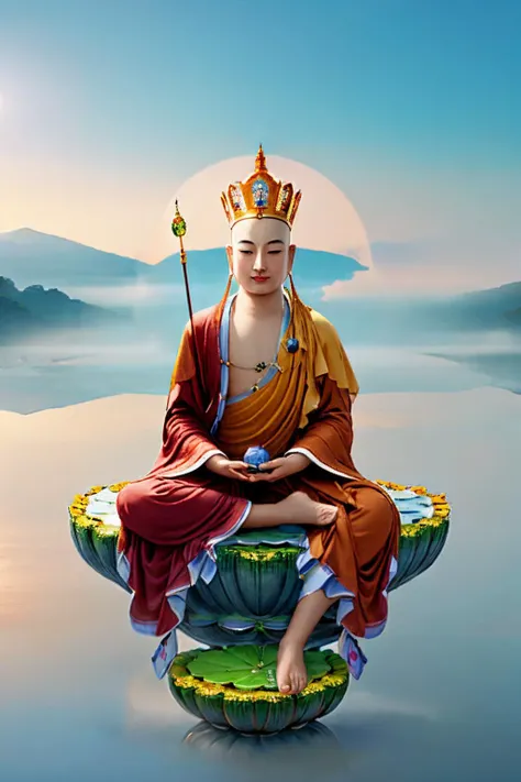 Ksitigarbha Bodhisattva,digital painting of a monk sitting on lotus flower,holding staff,glowing beads in his hand, halo around his neck,crown, mist,cloud, lotus pond <lyco:Ksitigarbha:0.7>