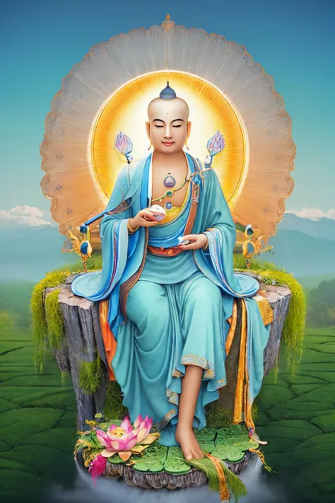 Ksitigarbha Bodhisattva,digital painting of a monk sitting on lotus flower,holding staff,glowing beads in his hand, halo around his neck,crown, mist,cloud, lotus pond <lyco:Ksitigarbha:0.7>