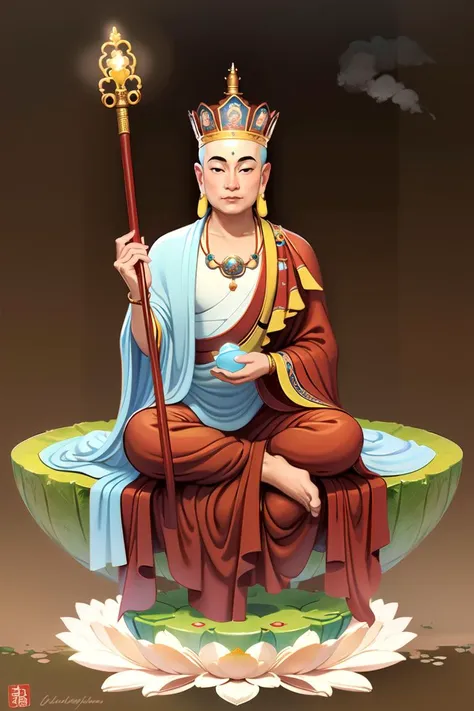 Ksitigarbha Bodhisattva,digital painting of a monk sitting on lotus flower,holding staff,glowing beads in his hand, halo around his neck,crown, mist,cloud, lotus pond <lyco:Ksitigarbha:0.7>