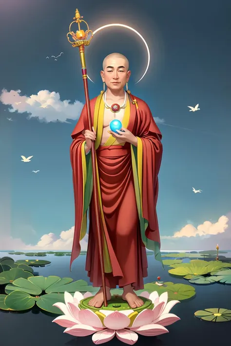 Ksitigarbha Bodhisattva,digital painting of a monk,lotus flower,qilin dragon,holding staff,glowing beads in his hand, halo around his neck,crown, mist,cloud, lotus pond <lyco:Ksitigarbha:0.7>