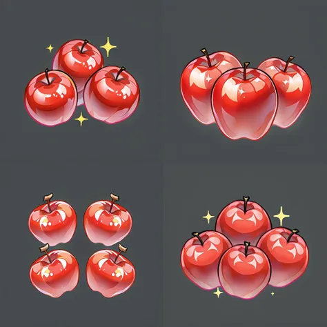 three red apples with a black background and stars around them, with a gray background and a black background, simple_background, food, shiny, grey_background, no_humans, sparkle, fruit, apple, food_focus, still_life,(top quality, best quality, official art, graphic design),(best quality, masterpiece:1.2),(((solid color background))),<lora:æ¸¸æå¾æ ç ç©¶æICON:0.5>