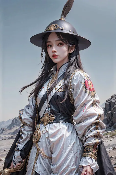 1girl, white military uniform, desert, masterpiece, 8k, best quality, black long straight hair, yellow feather feidie_helmet, <lora:feidie_helmet_feather_v4-000006:0.8>, red furry cloak, cape