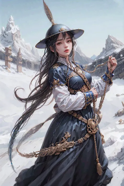 1girl, light blue feather feidie_helmet, white military uniform, big breasts, snow, mountain, masterpiece, 8k, best quality, braid, <lora:feidie_helmet_feather_v4-000006:0.8>