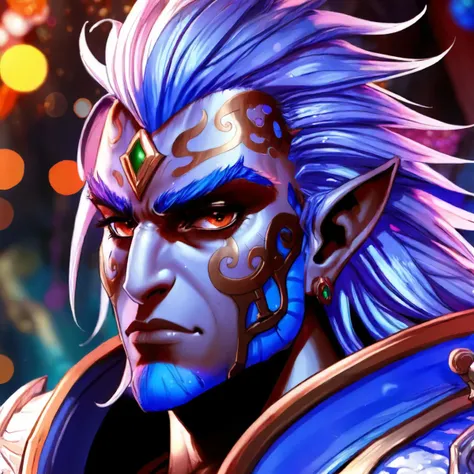 <lora:envyStarlightJRPG_v10:1> JRPG style portrait, fantasy, digital art, Male Zandalari, his hair is Platinum, Bokeh, Emotional, dramatic, close-up, sci-fi, detailed face, contemporary fine detail, deep rich colors, detailed, highly complex, handsome, set logical ambient background