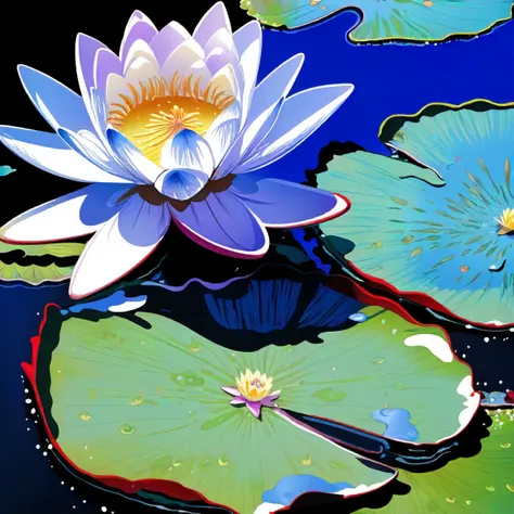 <lora:envyStarlightJRPG_v10:1>, good-looking (Water lily pad:1.2) , detailed with electric blue and patterns, Snowy, Suffering, Auto-Destructive Art, Technicolor, by Kanzan Shimomura, Julie Bell, magnificent, professional fine composition, enhanced quality, highly contrasted, sharp focus, delicate