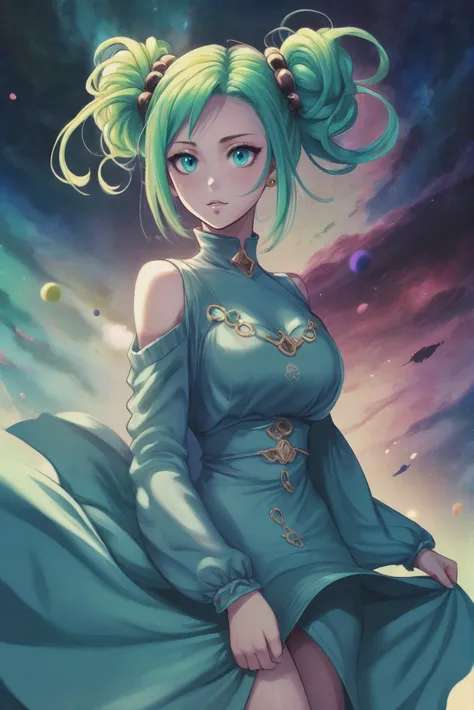 anime style digital painting, 1girl, woman, villainess, (flowing dress:1.3), bombshell hair, ultraviolet and blue-green hair, Space Buns, slim figure, narrow waist, tight ass, medium breasts, caucasian<lora:jrpg_characters_dora-000012:1:1:lbw=SDXL_OUTS>