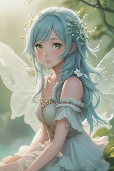 anime style digital painting, full body, character concept art, 1girl, woman, matte firebrick skin, f/1.4 lens, bokeh, tiny olivedrab Queen Anne's Lace fairy,fairy wings, see-through gossamer, bombshell hair, aqua hair with sea green highlights, Crimped Hair, average figure, (asian:1.3), sitting<lora:EnvyStarlightJRPGCharacters01:1>