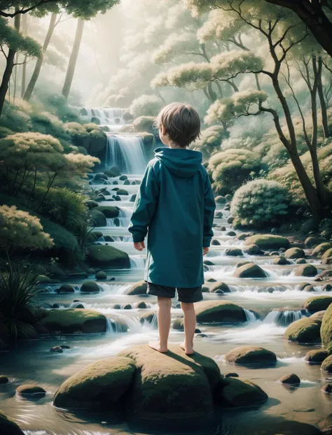 young (child :1.4), long hair, from above, lush forest,god rays, sun shining between the trees, tribal markings,standing on a rock,wet,long shot,beautiful illustration,4k,high resolution,trending on pixiv,intricate,highly detailed , <lora:misty of forest:0.5>