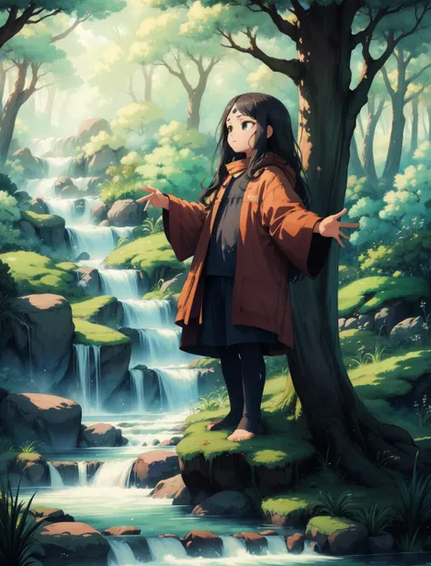 young (child :1.4), long hair, from above, lush forest,god rays, sun shining between the trees, tribal markings,standing on a  rock,wet,long shot,beautiful illustration,4k,high resolution,trending on pixiv,intricate,highly detailed ,  <lora:misty of forest:0.5>