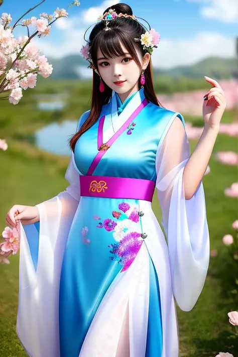 , photo, real, 1 girl, 18 years old, Taoist clothes<lora:clothes_Taoist:0.3> , beautiful flower pattern, translucent.CLASSIC CHROME