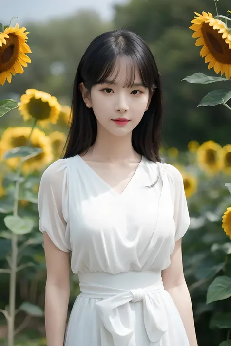 (mature body), (upper body:1.5), nikon RAW photo,8 k, Fujifilm XT3,masterpiece, best quality, realistic, photorealistic, ultra detailed, extremely detailed face, solo,1girl, standing, fashionable and trendy atmosphere, and a stylish expression on her face, close up, (narrow waist), white dress on field of sun flowers,