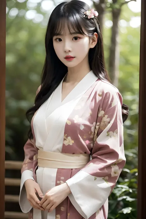 1girl, solo, wearing pink kimono, (pov:1.35), mature body, long hair, standing on forest, detailed face, detailed eyes,