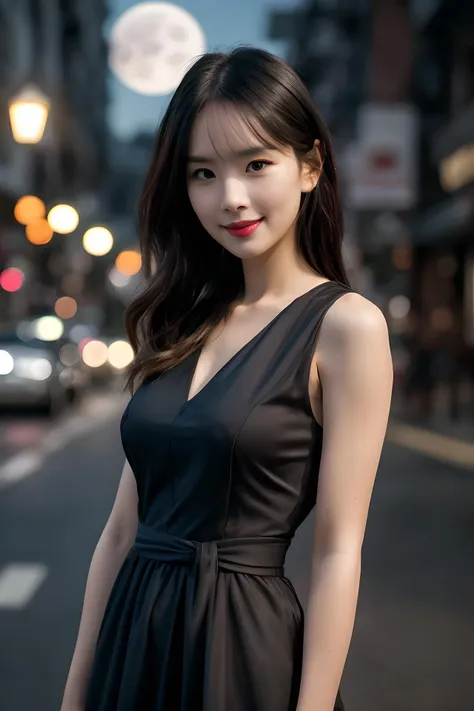 ((upper body:1.2)), nikon RAW photo,8 k, Fujifilm XT3,masterpiece, best quality, realistic, photorealistic, ultra detailed, extremely detailed face, small smile, solo,1girl, standing, fashionable and trendy atmosphere, and a stylish expression on her face, close up, (narrow waist), black dress, walking, at the dark streets, moonrise, sleeveless, fabric clothes, medium tits,