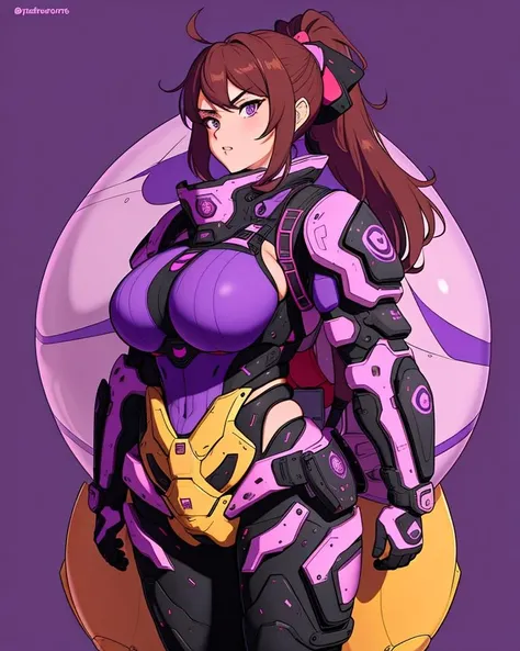 anime girl wearing a busty mechasuit exoarmor, brown and purple, ponytail,  2d flat vector art, high quality, high resolution,  perfect face <lora:bulbousbot:0.5> bulbousbot, full body,  ponytail, long hair tied back, <lora:davey:0.75> davey, full body, standing up