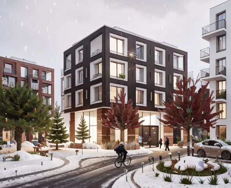 brus apartment colorful, building, winter, christmas, christmas tree with lights, trees with snow, lights, ( night :1.4), snow, riding bike, people walking, RAW photo, trees, modern architecture, windows, corona render, highres, high quality, hyperrealistic, super detailed, intricate, shadows, <lora:brusArch:0.7>
<lora:COOLKIDS_MERGE_V2.5:1>