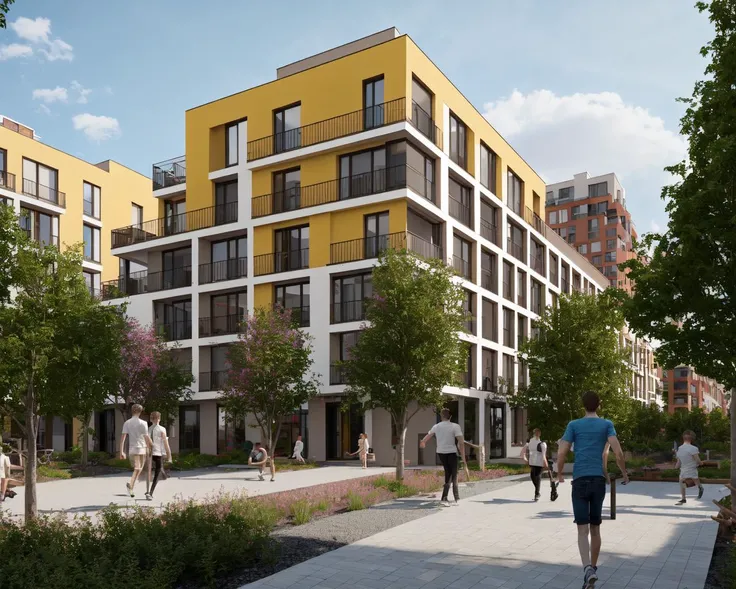 brus, apartment building colorful, white and yellow and black walls, kids playground, glass, balcony, (blue sky:1.1), sunset, people walking, RAW photo, trees, modern architecture, windows, corona render, highres, high quality, hyperrealistic, super detailed, intricate, shadows, <lora:brusArch:0.7>