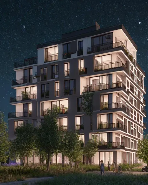 brus, closeup, apartment building colorful, glass, balcony, (night sky:1.2), (night:1.3), glowing windows, people, RAW photo, trees, modern architecture, windows, corona render, highres, high quality, hyperrealistic, super detailed, intricate, shadows <lora:brusArch:0.7>