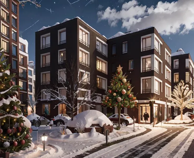 brus apartment colorful, building, winter, christmas, christmas tree with lights, trees with snow, lights, ( night :1.4), snow, riding bike, people walking, RAW photo, trees, modern architecture, windows, corona render, highres, high quality, hyperrealistic, super detailed, intricate, shadows, <lora:brusArch:0.7>
<lora:COOLKIDS_MERGE_V2.5:1>
