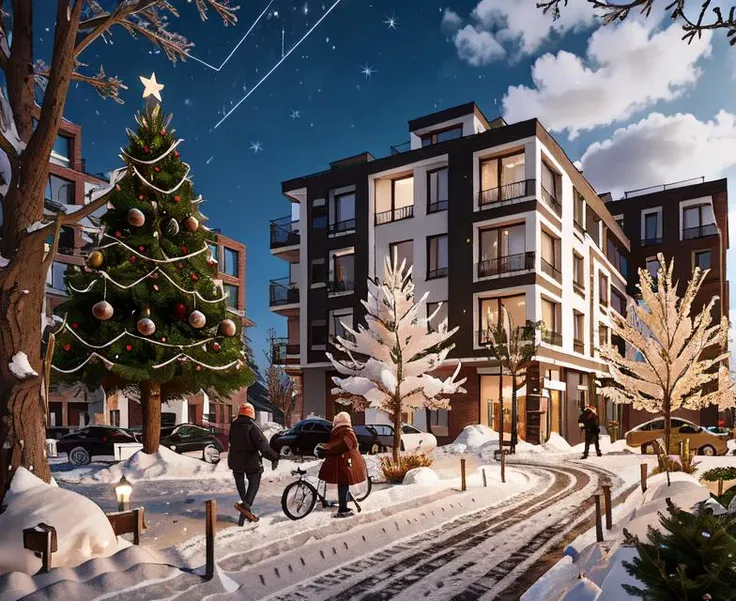 brus apartment colorful, building, winter, christmas, christmas tree with lights, trees with snow, lights, ( night :1.4), snow, riding bike, people walking, RAW photo, trees, modern architecture, windows, corona render, highres, high quality, hyperrealistic, super detailed, intricate, shadows, <lora:brusArch:0.7>
<lora:COOLKIDS_MERGE_V2.5:1>