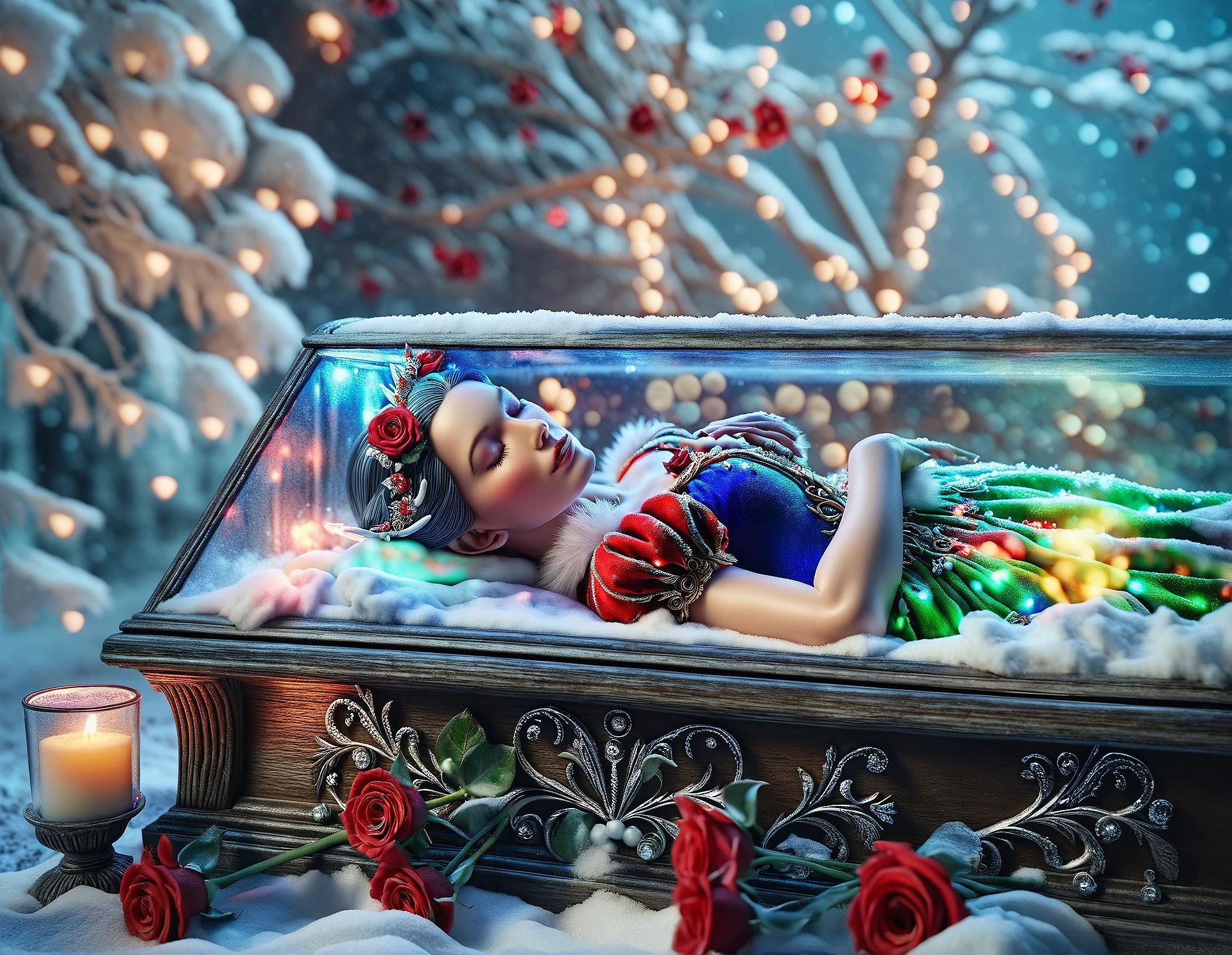 beautiful snow white as epoch elf lies on the back inside a glass coffin, sleeping, (elf ears:1.1), red roses on floor, winter landscape, night, centered, highly detailed, vibrant colors, intricate, ultra hd, sharp focus, bokeh, film grain, raw photo, SnowStyle, AuroraStyle <lora:add-detail-xl:1> <lora:sd_xl_offset_example-lora_1.0:0.8> <lora:SDXLFestiveSnow:0.5> <lora:SDXLAuroraStyle:0.5>