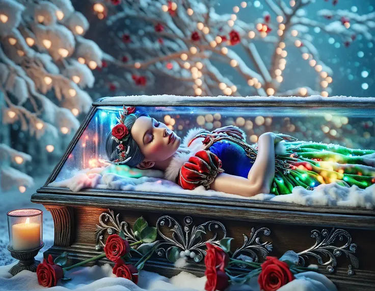 beautiful snow white as epoch elf lies on the back inside a glass coffin, sleeping, (elf ears:1.1), red roses on floor, winter landscape, night, centered, highly detailed, vibrant colors, intricate, ultra hd, sharp focus, bokeh, film grain, raw photo, SnowStyle, AuroraStyle <lora:add-detail-xl:1> <lora:sd_xl_offset_example-lora_1.0:0.8>  <lora:SDXLFestiveSnow:0.5> <lora:SDXLAuroraStyle:0.5>