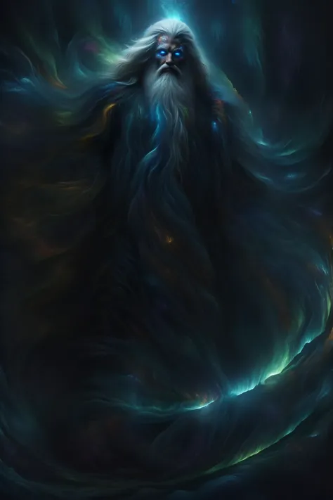 an (extremely detailed masterpiece) of one male (1boy) who is Santa Claus with his flowing extremely long white hair and (extremely long white flowing beard), wearing flowing (bright yellow and blue) fur trimmed robes (surrounded by bright and colorful aurora magic) as he blends into his environment, from the perspective of the viewer we are unable to determine where Santa begins and his environment ends, (highly detailed (glowing) ice-blue eyes:1.2), (Style-GravityMagic:1.1), (twisting swirls of colorful magic particles in the background), (otherworldly:1.2), (elaborate textures and depth:1.2), (god rays), (soft lighting:1.2), medium depth of field, oil painting, (8k UHD, highest quality), <lora:add-detail-xl:0.8>, <lora:xl_more_art-full_v1:0.8>, <lora:DreamARTSDXL:0.9>, excessive energy, smoke, glowing aurora, <lora:SDXLAuroraStyle:1>