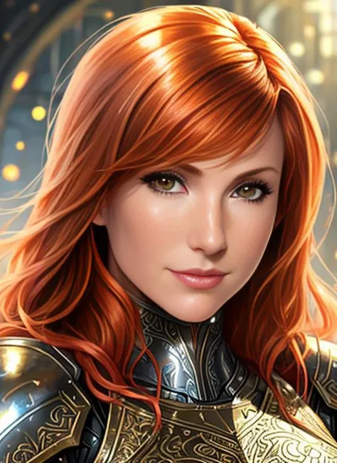 half body photo of redhead woman kari byron, wearing armor, D&D, shiny background, intricate, elegant, highly detailed face, digital painting, artstation, sharp focus, illustration, artgerm, <lora:kariByronLora_v1:0.6>