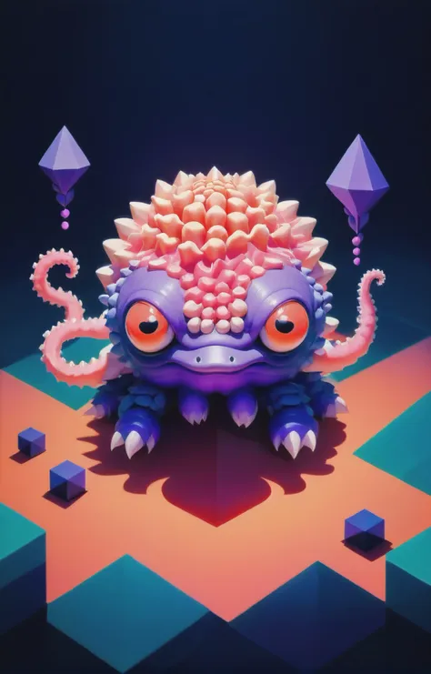 tiny isometric, 3d two tone lighting, soft purple-hued colors, a tiny and cute guaidan monster <lora:guaidan:1> (a coral like creature with tentacles:1.2), (abstract geometric gradients:1.3), geometric shapes, simple background