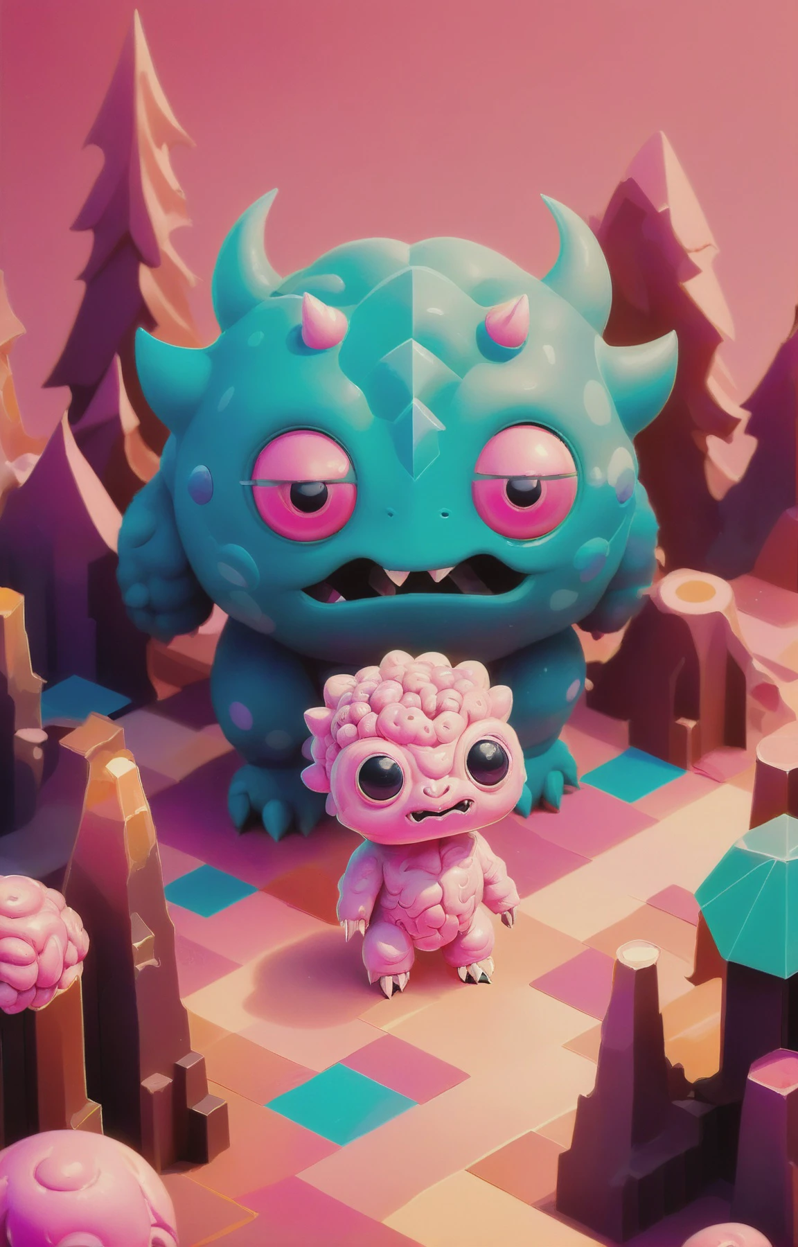cute 3d isometric, soft pink-hued colors, a tiny and cute guaidan monster <lora:guaidan:1> (a creature with brains:1.2), (abstract geometric gradients:1.3), geometric shapes, simple background